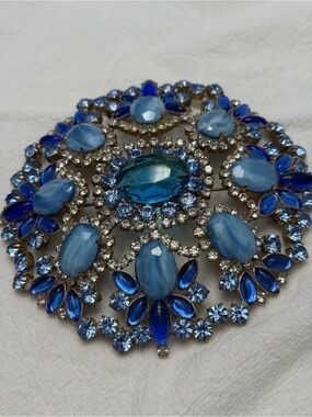 Vintage Bijoux MG Blue Crystal Floral Statement Brooch